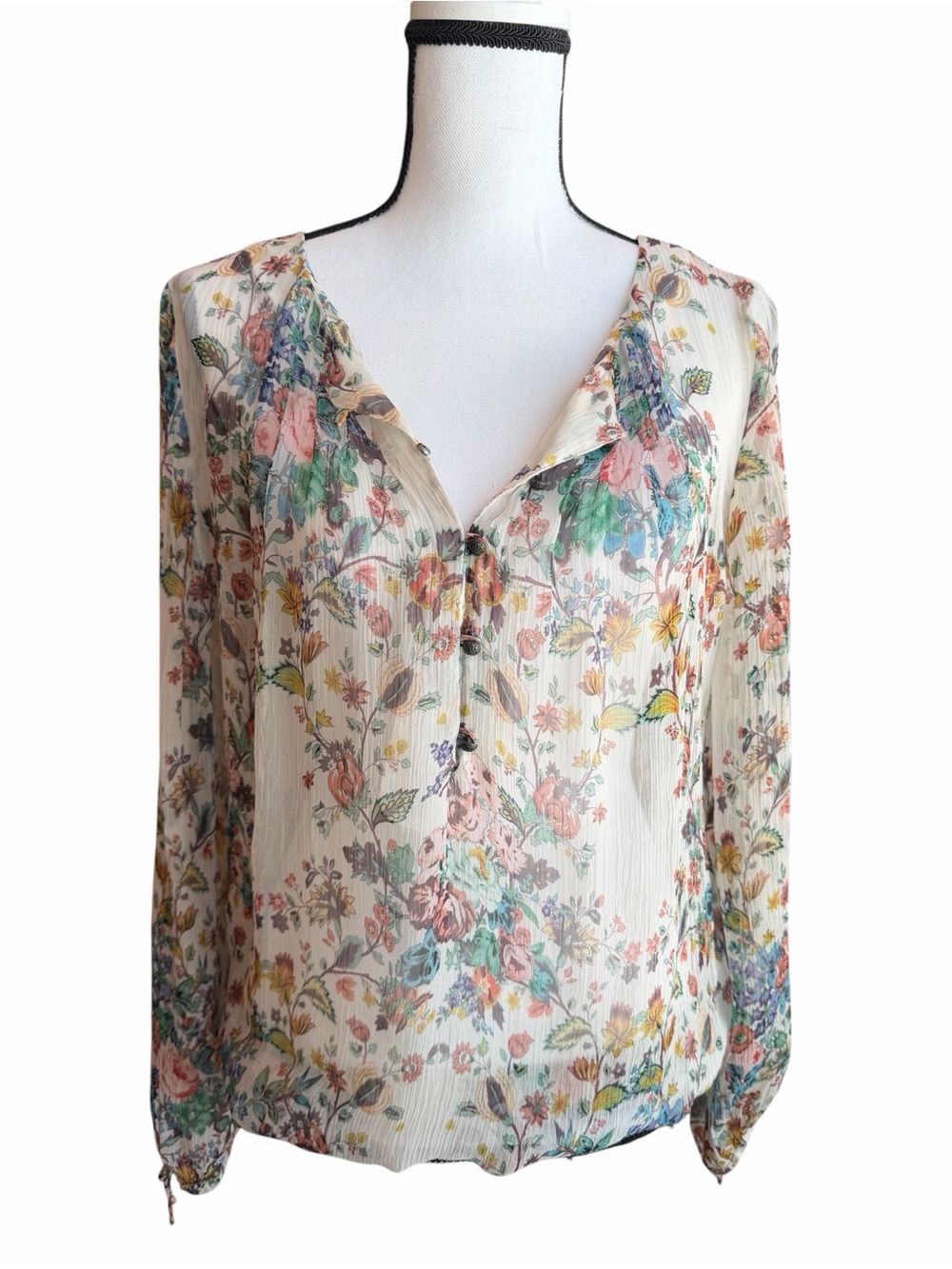 Lucky Brand Sheer Boho Blouse Ecru Bone Long Sleeve Peasant Top Size S